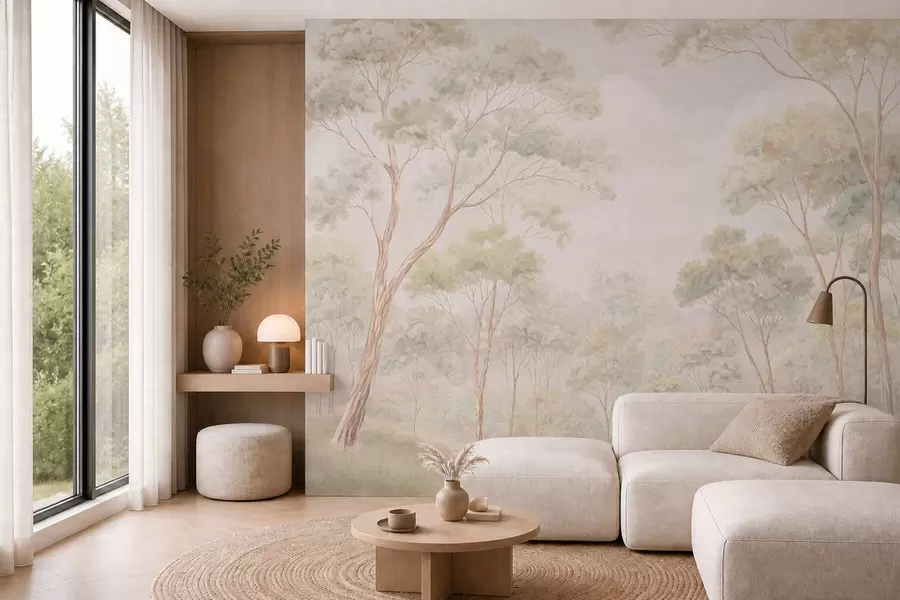 wall murals Светли шумски пејзаж са високим дрвећем w05624
