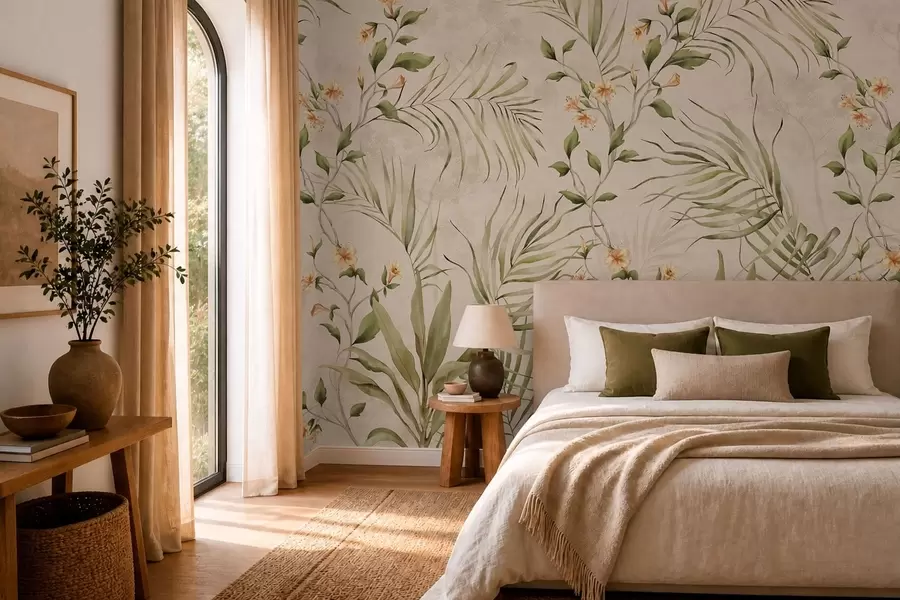 wall murals Тропско лишће и нежно цвеће на беж позадини w05625