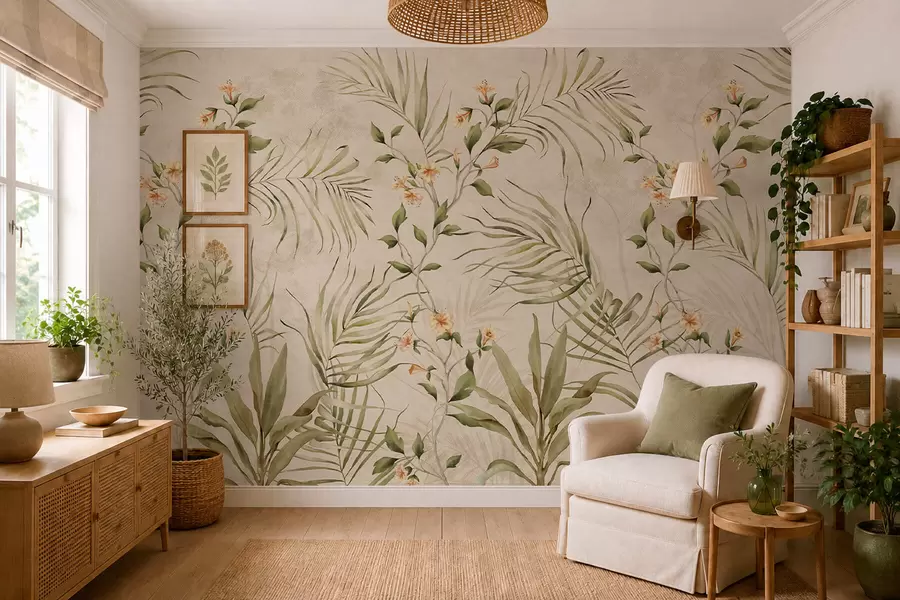 wall murals Тропско лишће и нежно цвеће на беж позадини w05625