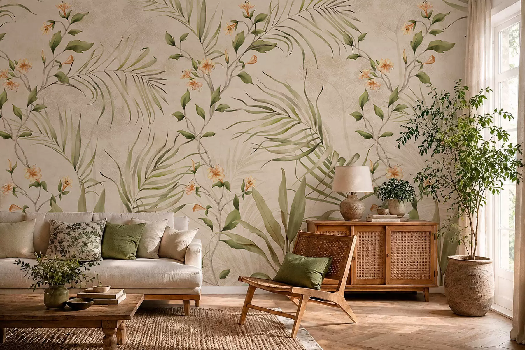 wall murals Тропско лишће и нежно цвеће на беж позадини w05625