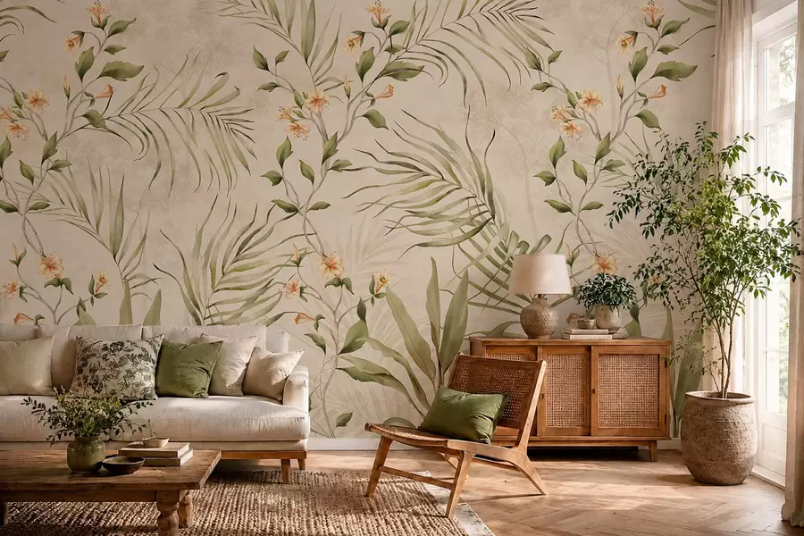 wall murals Тропско лишће и нежно цвеће на беж позадини w05625