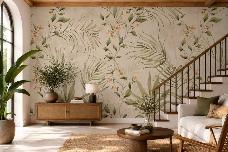 wall murals Тропско лишће и нежно цвеће на беж позадини w05625