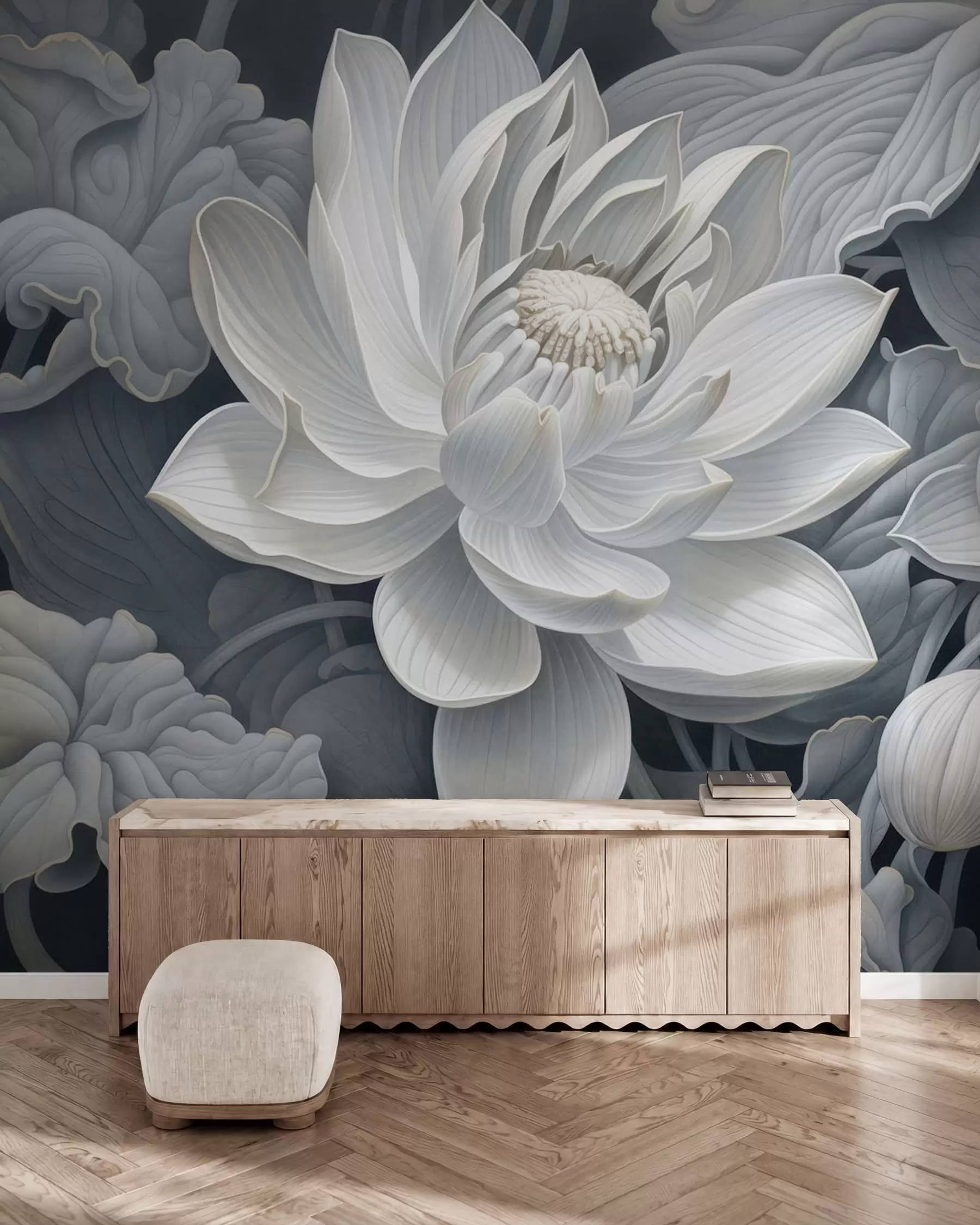 wall murals Винтажни лотосови цветови са меким сепија тоновима и детаљним латицама, уметничка ботаничка илустрација w05494