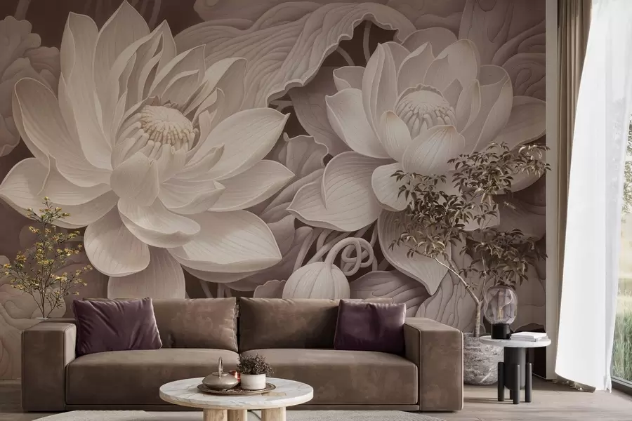 wall murals Винтажни лотосови цветови са меким сепија тоновима и детаљним латицама, уметничка ботаничка илустрација w05494v1