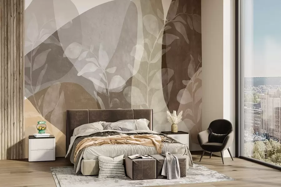 wall murals Апстрактни облици у земљаним тоновима преклапају се са транспарентним ботаничким елементима, текстурираном уметношћу w09865