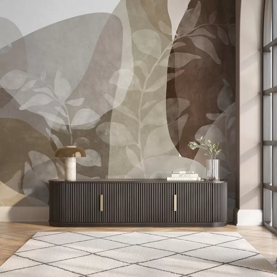 wall murals Апстрактни облици у земљаним тоновима преклапају се са транспарентним ботаничким елементима, текстурираном уметношћу w09865