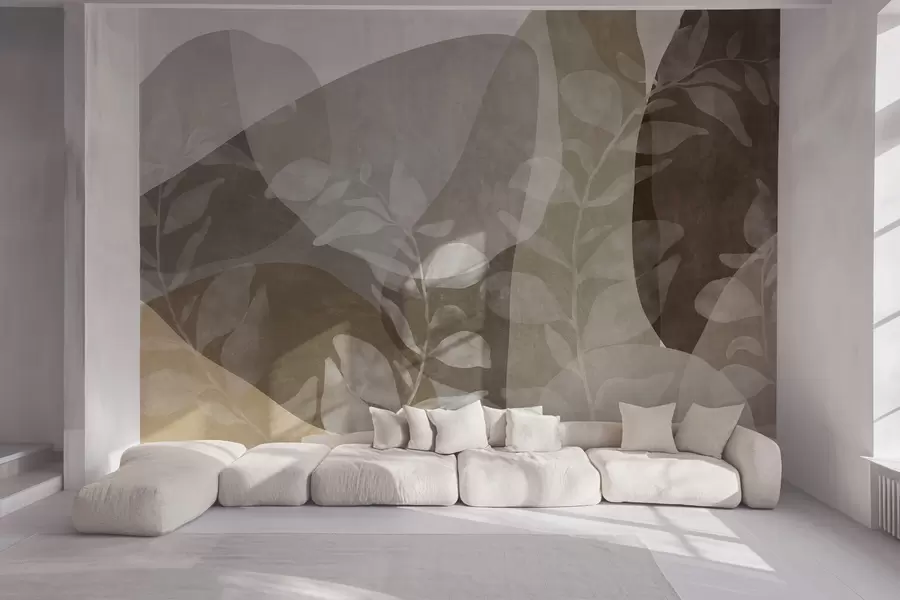 wall murals Апстрактни облици у земљаним тоновима преклапају се са транспарентним ботаничким елементима, текстурираном уметношћу w09865