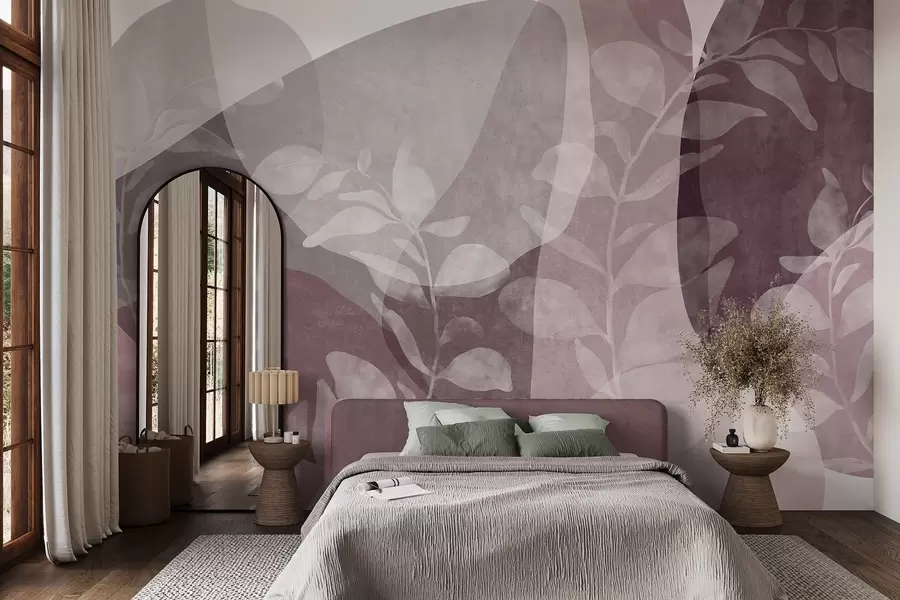 wall murals Апстрактни облици у пригушеним тоновима преклапају се са транспарентним ботаничким елементима, текстурираном уметношћу w09865v1