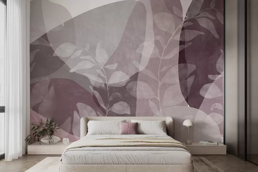 wall murals Апстрактни облици у пригушеним тоновима преклапају се са транспарентним ботаничким елементима, текстурираном уметношћу w09865v1