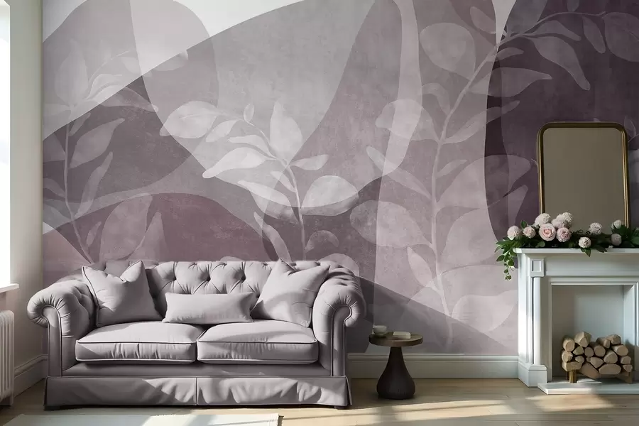 wall murals Апстрактни облици у пригушеним тоновима преклапају се са транспарентним ботаничким елементима, текстурираном уметношћу w09865v1