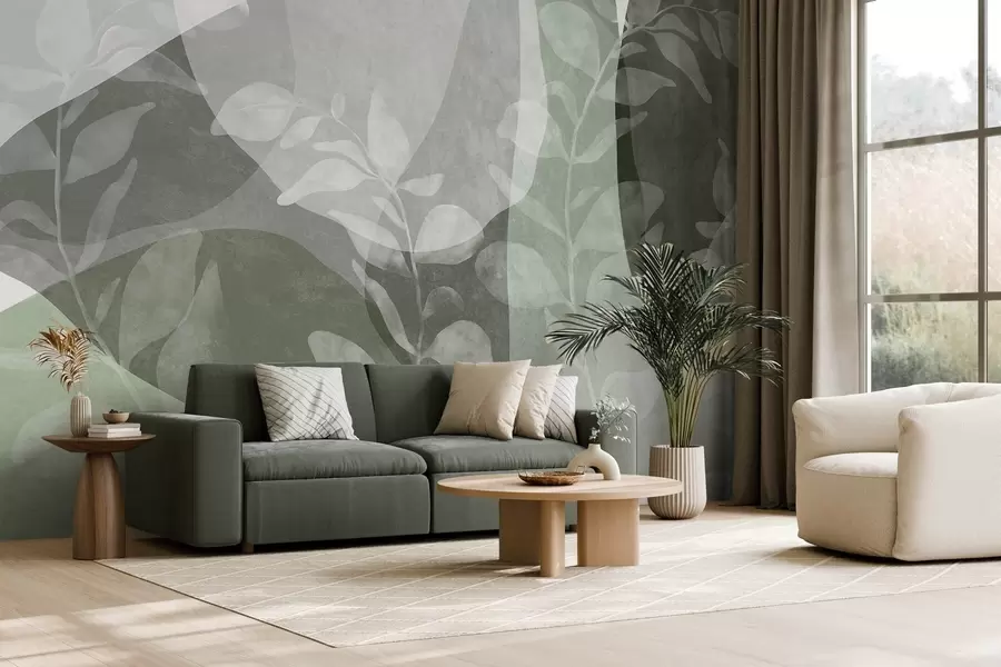 wall murals Апстрактни облици у зеленим тоновима преклапају се са транспарентним ботаничким елементима, текстурирана уметност w09865v2
