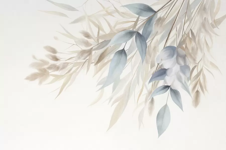 wall murals Текстурирана сушена трава, пампас трава и плаво лишће, осликано у меком, акварел стилу w09868