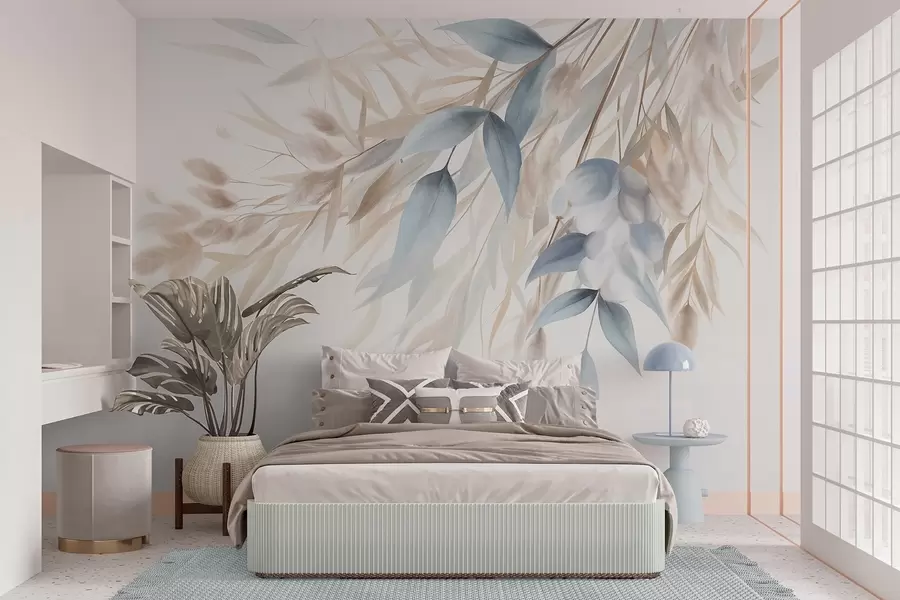 wall murals Текстурирана сушена трава, пампас трава и плаво лишће, осликано у меком, акварел стилу w09868