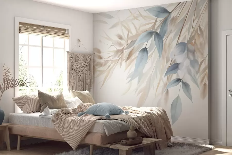 wall murals Текстурирана сушена трава, пампас трава и плаво лишће, осликано у меком, акварел стилу w09868