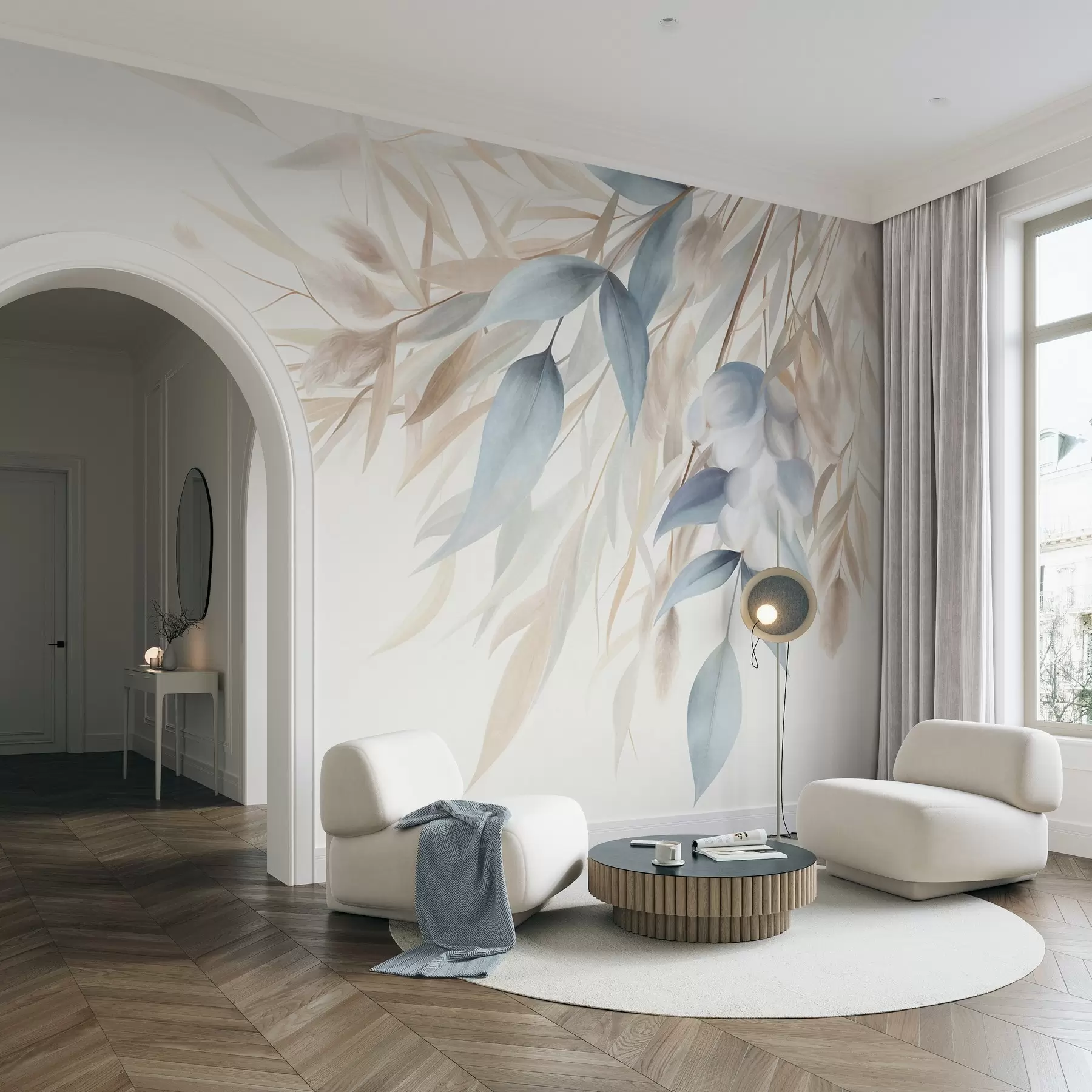 wall murals Текстурирана сушена трава, пампас трава и плаво лишће, осликано у меком, акварел стилу w09868