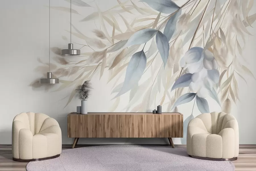 wall murals Текстурирана сушена трава, пампас трава и плаво лишће, осликано у меком, акварел стилу w09868