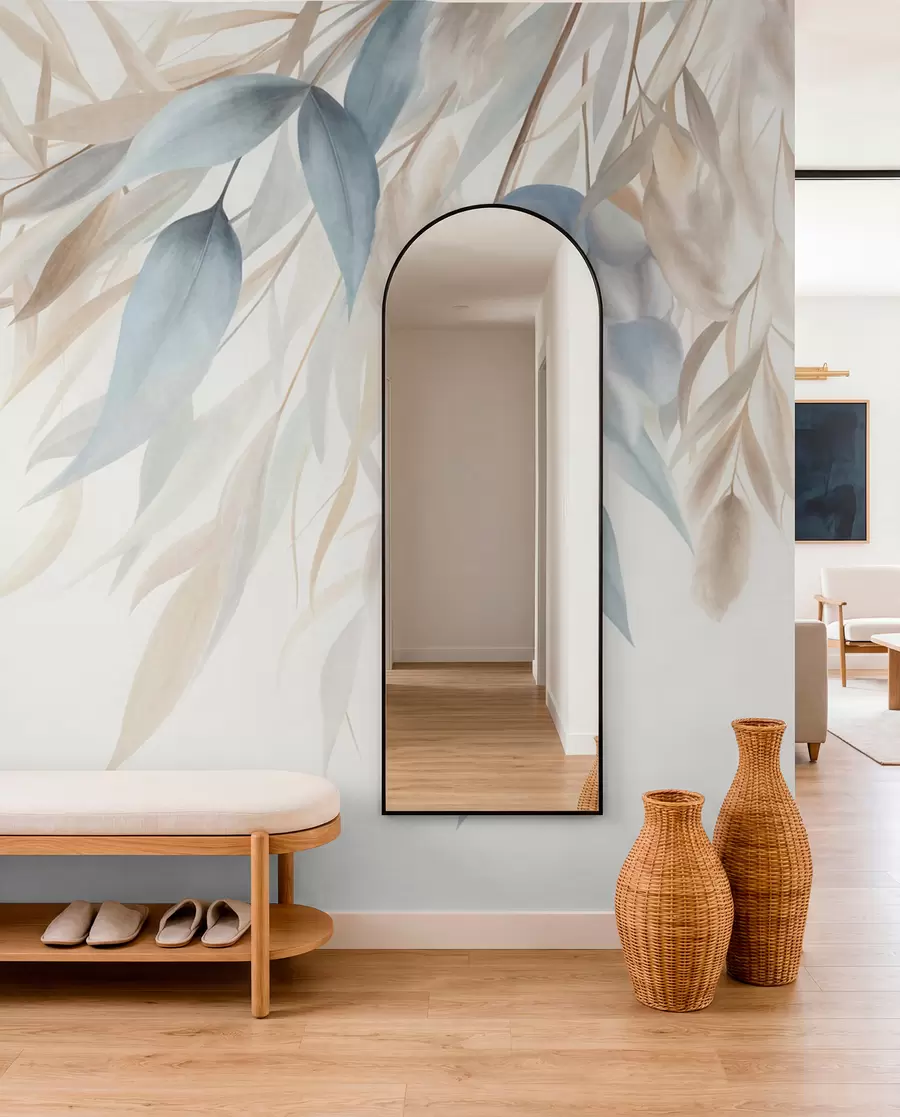 wall murals Текстурирана сушена трава, пампас трава и плаво лишће, осликано у меком, акварел стилу w09868