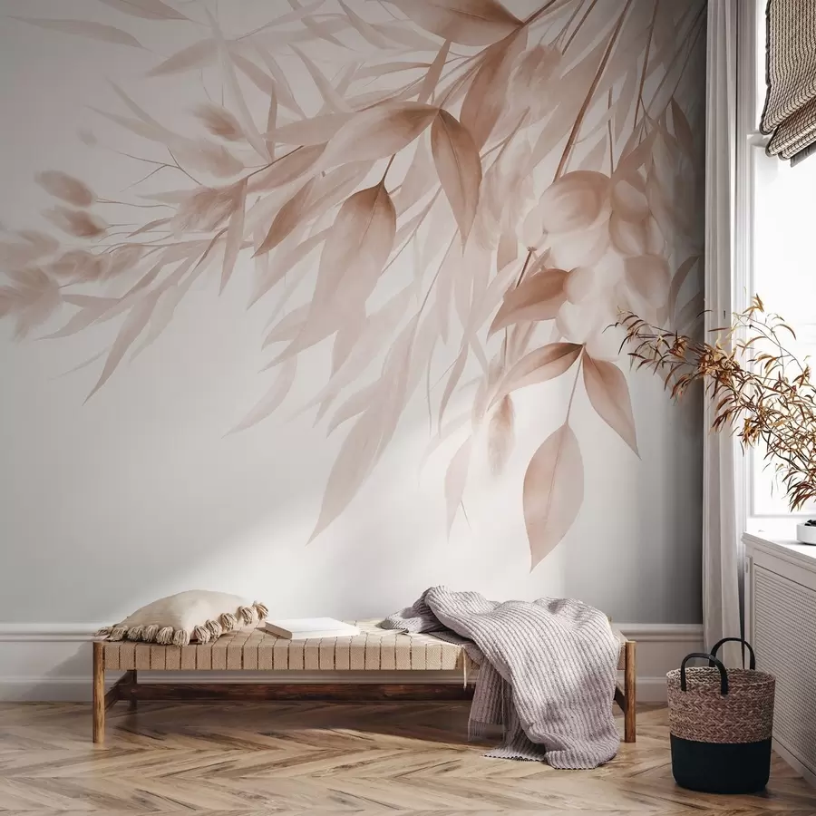 wall murals Текстурирана сушена трава, пампас трава и лишће, осликано у меком, акварел стилу w09868v1