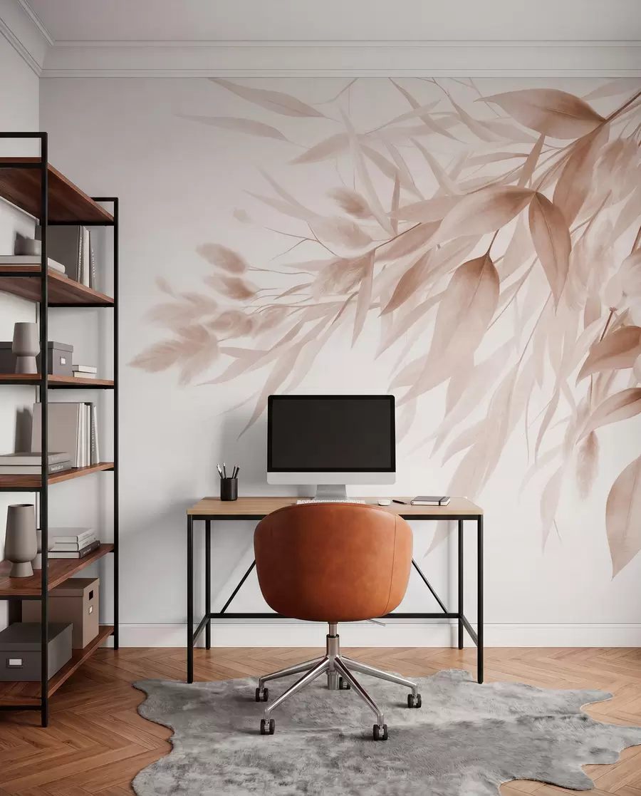 wall murals Текстурирана сушена трава, пампас трава и лишће, осликано у меком, акварел стилу w09868v1
