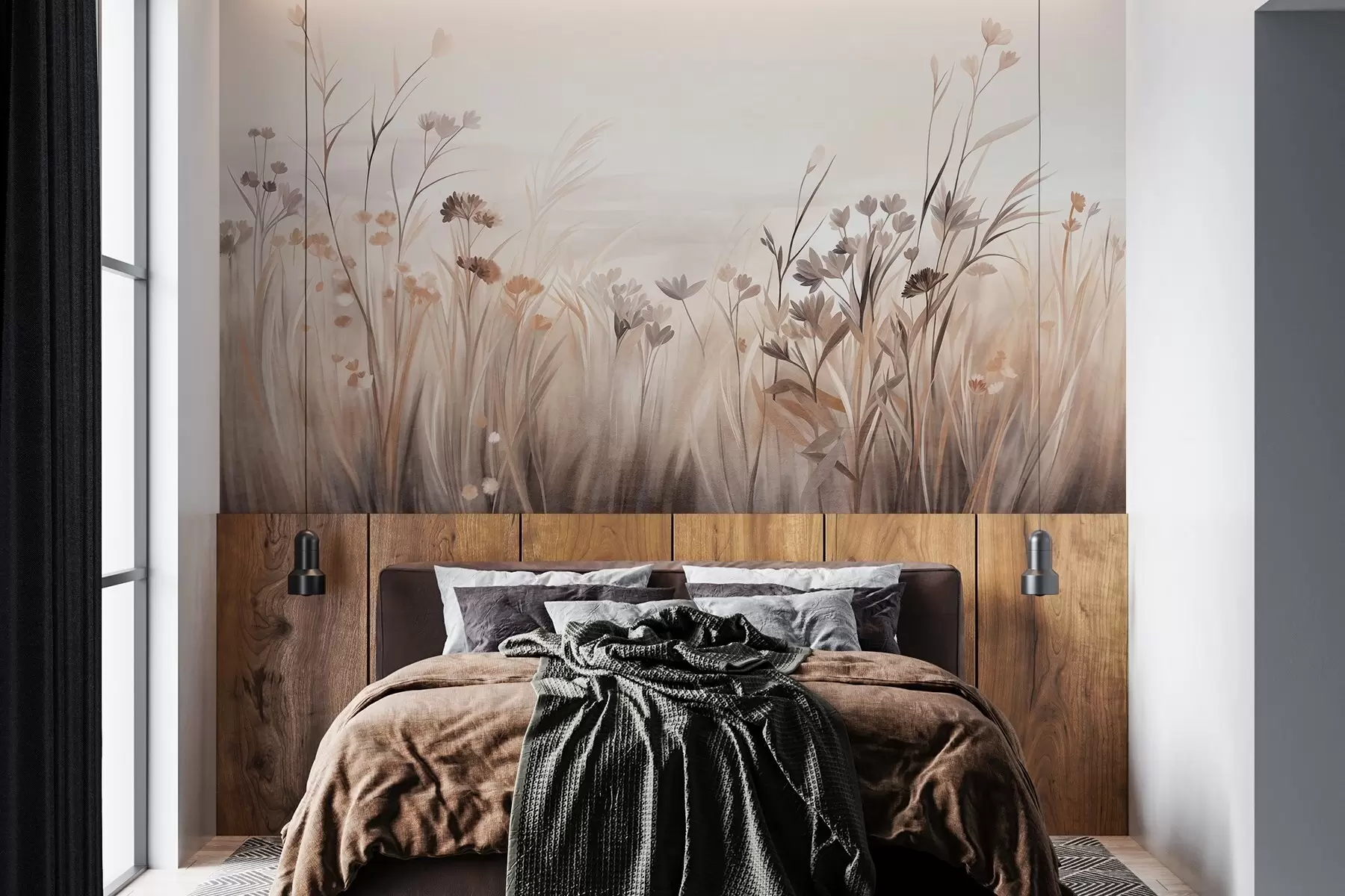 wall murals Поље дивљег цвећа у пригушеним смеђим и беж тоновима, са високим травама и нежним цветовима w09872