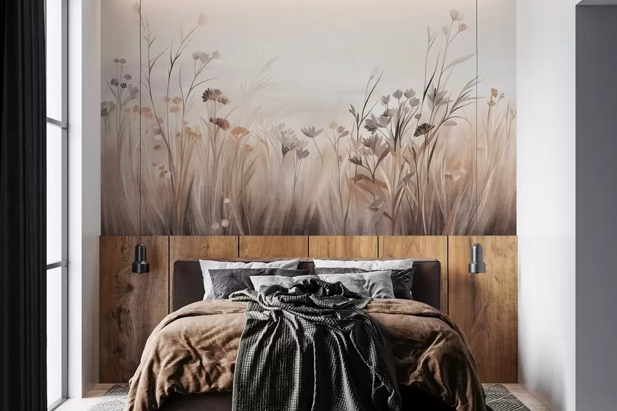 wall murals Поље дивљег цвећа у пригушеним смеђим и беж тоновима, са високим травама и нежним цветовима w09872