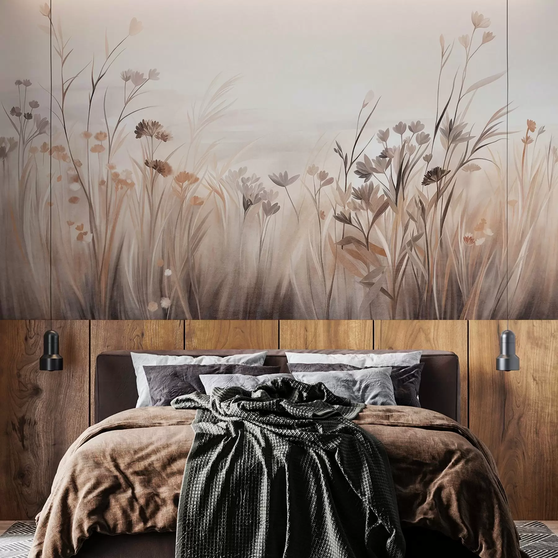 wall murals Поље дивљег цвећа у пригушеним смеђим и беж тоновима, са високим травама и нежним цветовима w09872