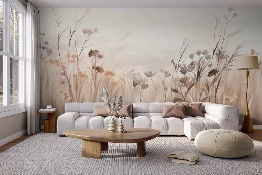 wall murals Поље дивљег цвећа у пригушеним смеђим и беж тоновима, са високим травама и нежним цветовима w09872