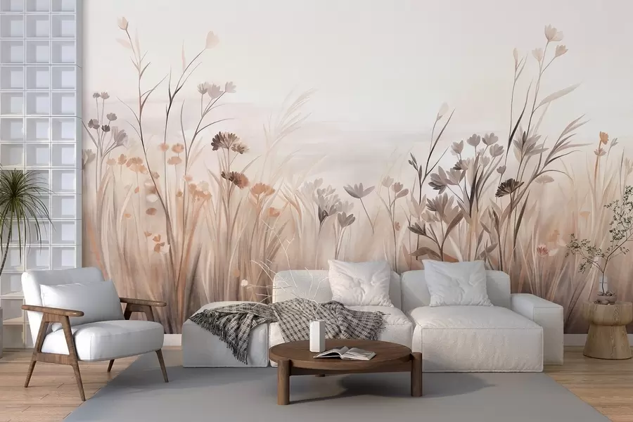 wall murals Поље дивљег цвећа у пригушеним смеђим и беж тоновима, са високим травама и нежним цветовима w09872