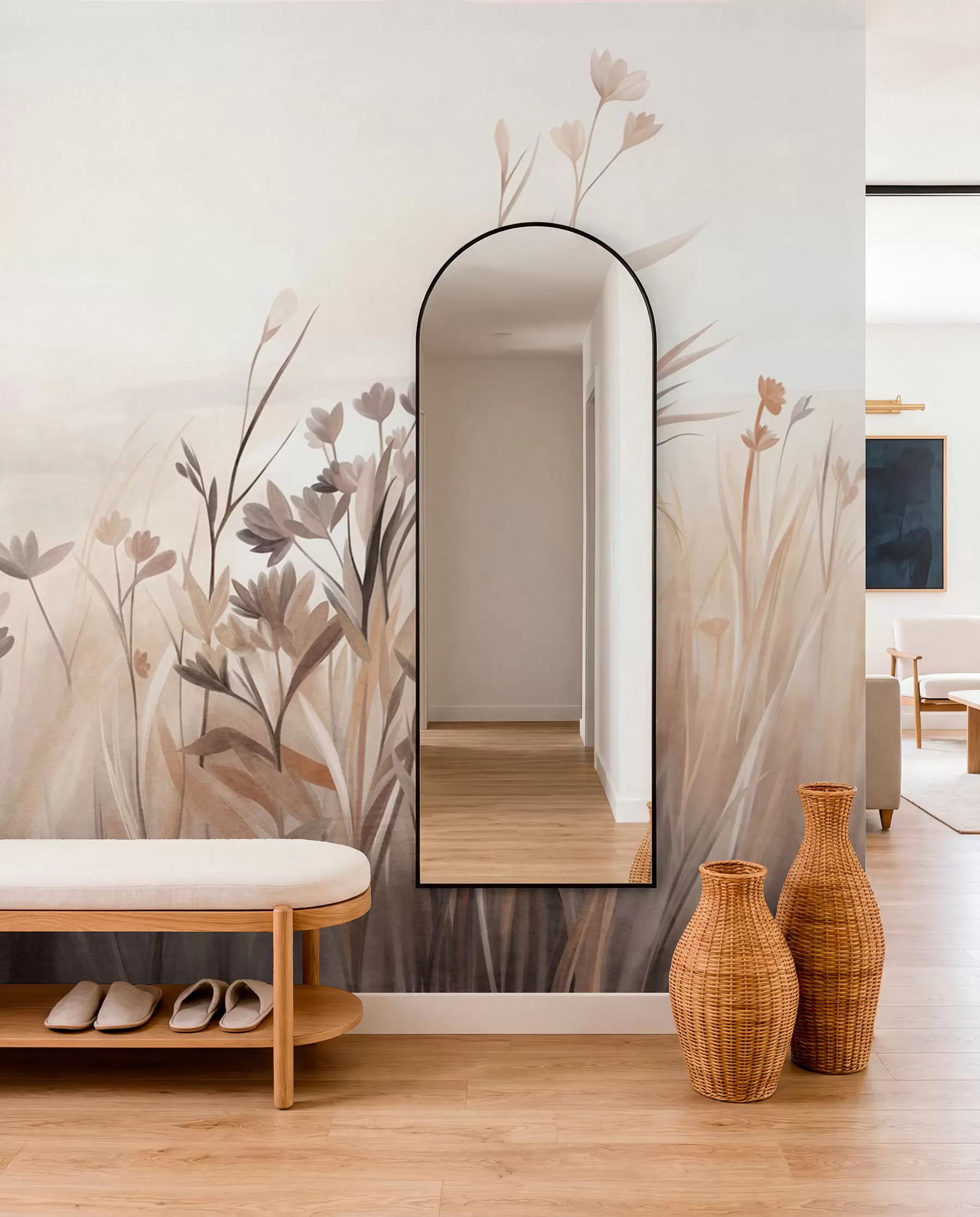 wall murals Поље дивљег цвећа у пригушеним смеђим и беж тоновима, са високим травама и нежним цветовима w09872