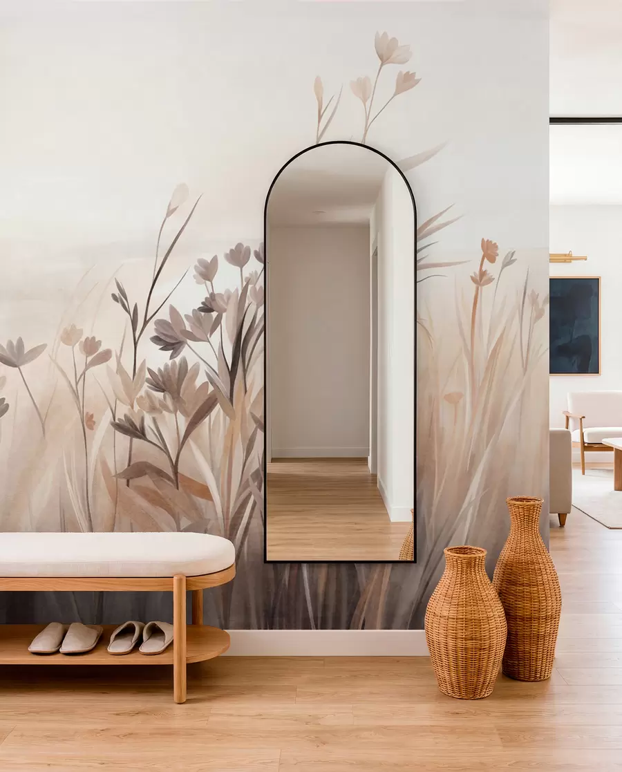 wall murals Поље дивљег цвећа у пригушеним смеђим и беж тоновима, са високим травама и нежним цветовима w09872