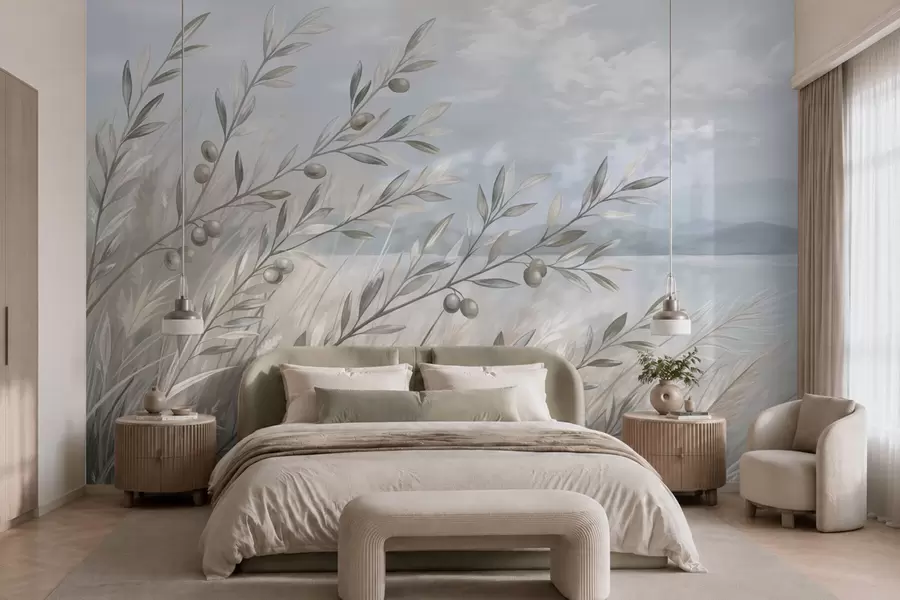 wall murals Маслинове гранчице међу травама поред језера w05536