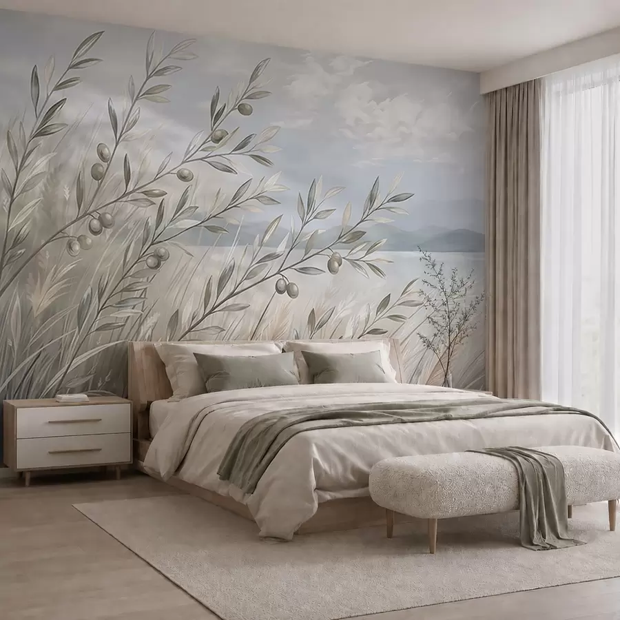 wall murals Маслинове гранчице међу травама поред језера w05536