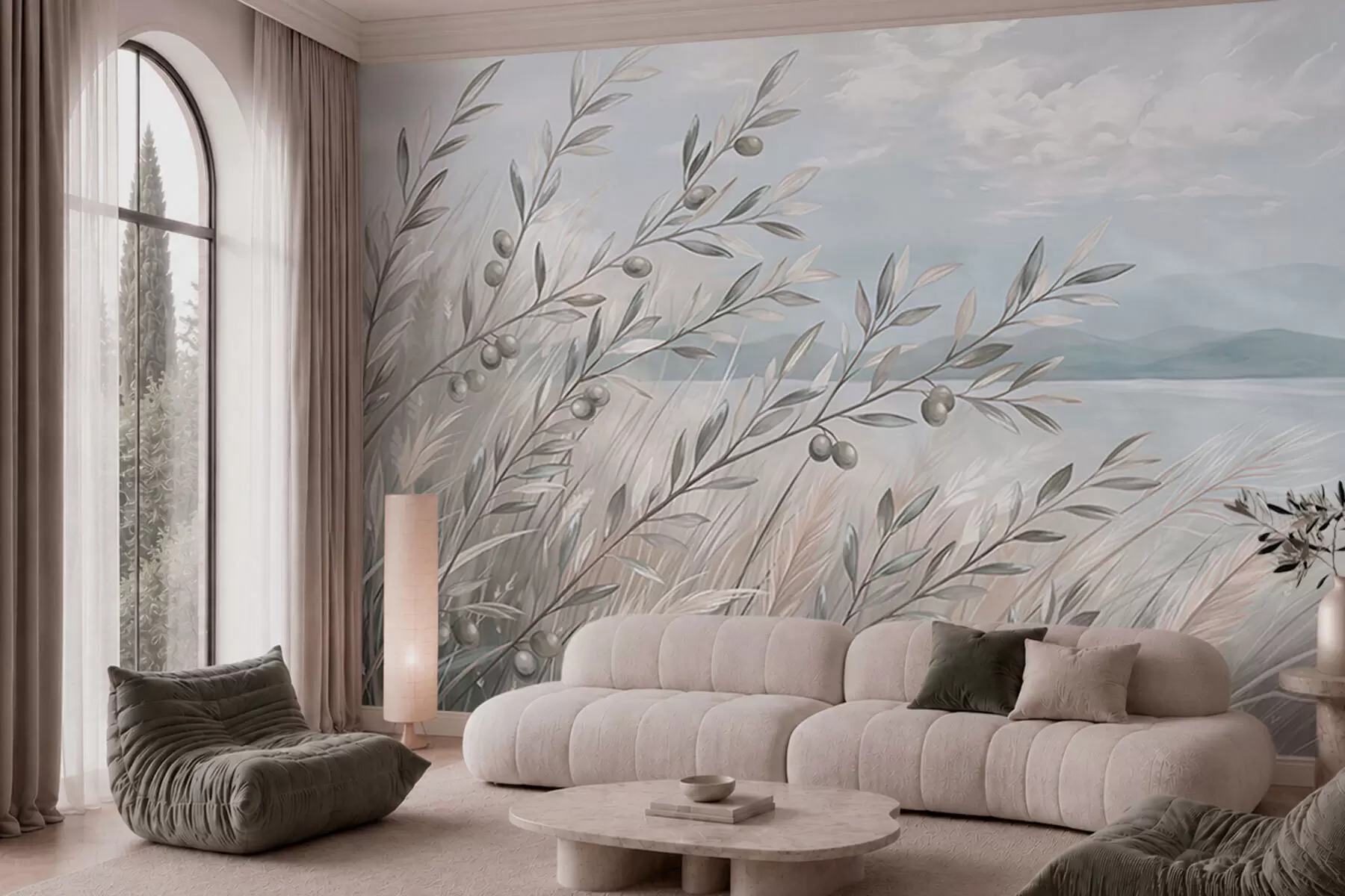 wall murals Маслинове гранчице међу травама поред језера w05536