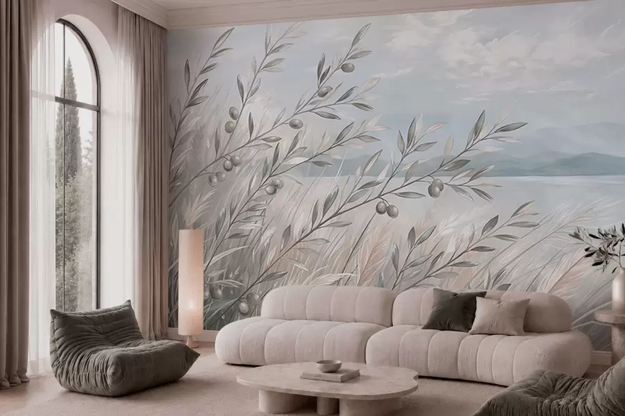 wall murals Маслинове гранчице међу травама поред језера w05536