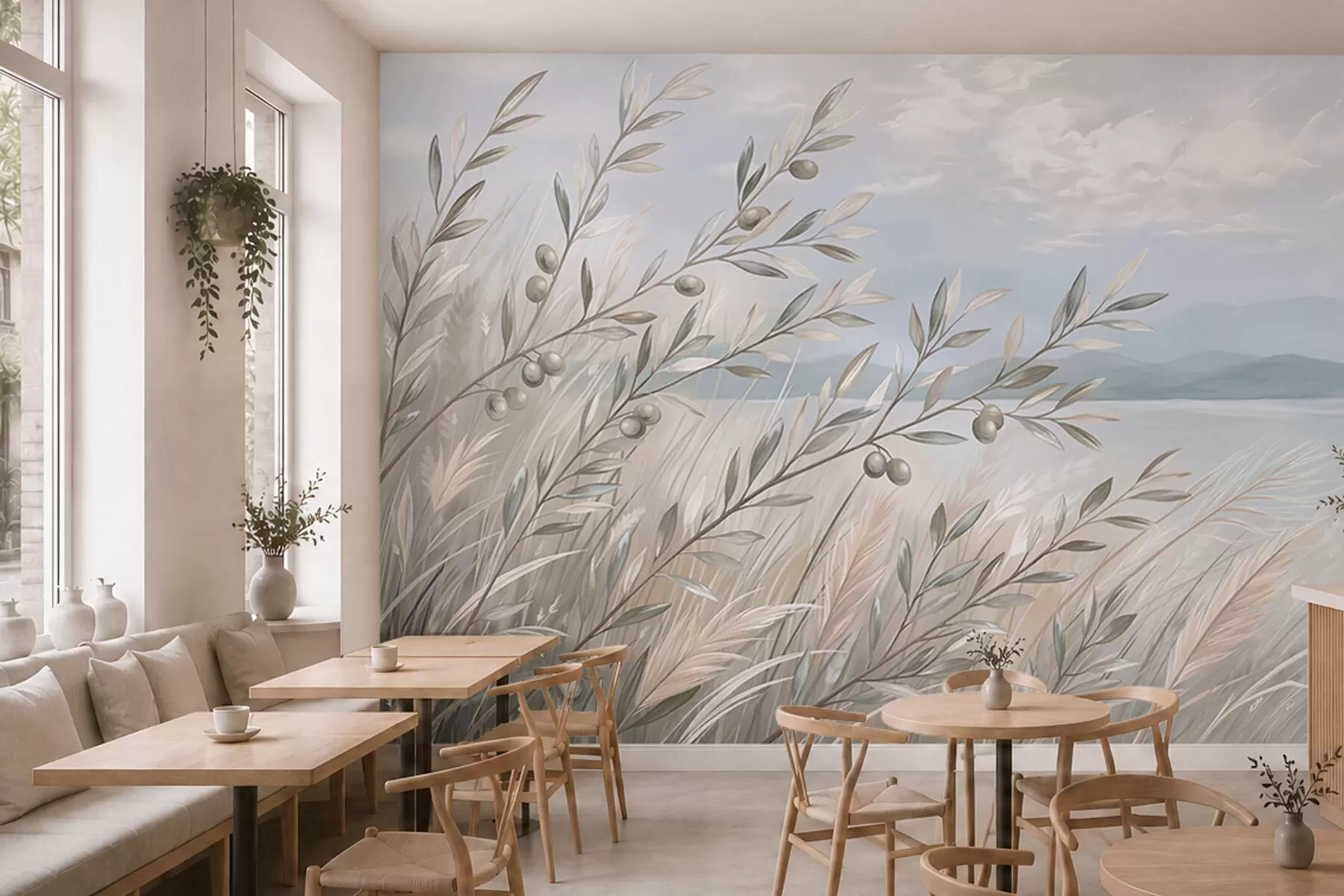 wall murals Маслинове гранчице међу травама поред језера w05536