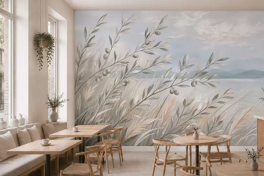 wall murals Маслинове гранчице међу травама поред језера w05536