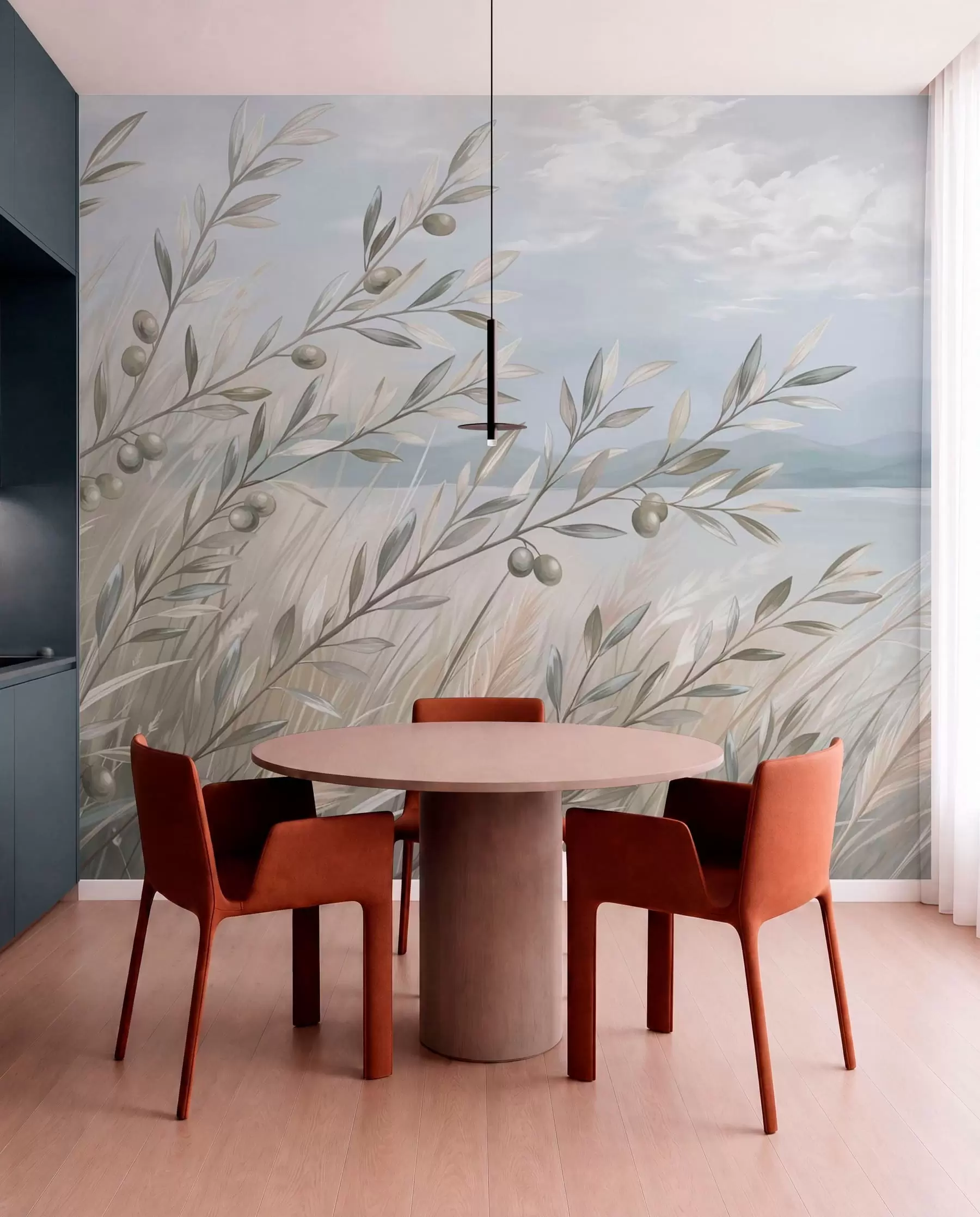 wall murals Маслинове гранчице међу травама поред језера w05536