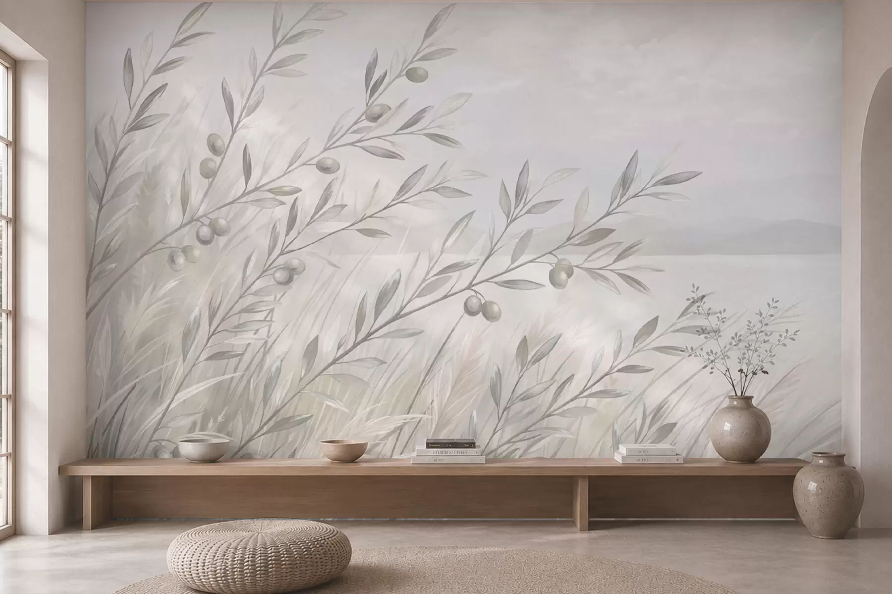 wall murals Бледе маслинове гранчице поред мирног језера w05536v1