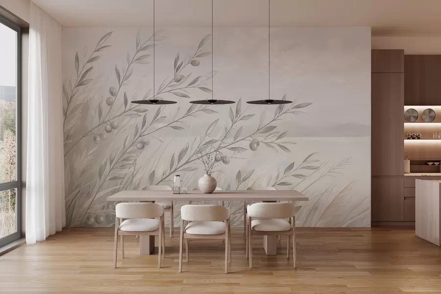wall murals Бледе маслинове гранчице поред мирног језера w05536v1