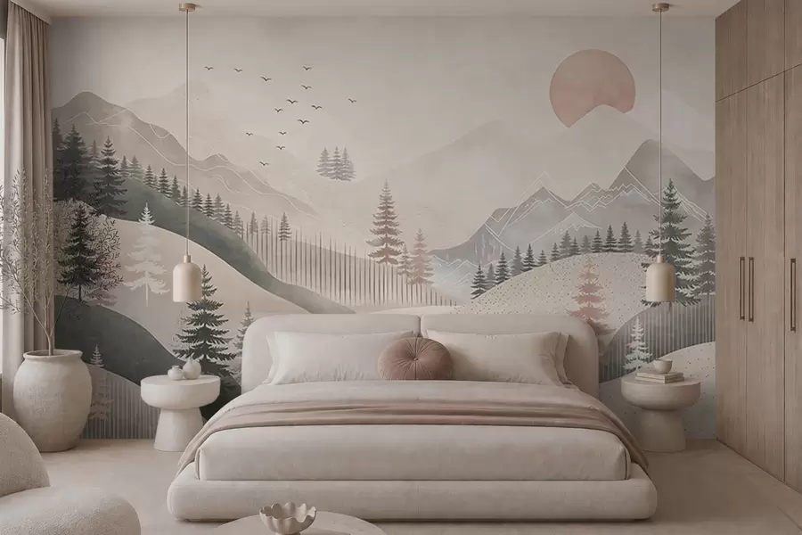 wall murals Минимални планински пејзаж са боровима w05626