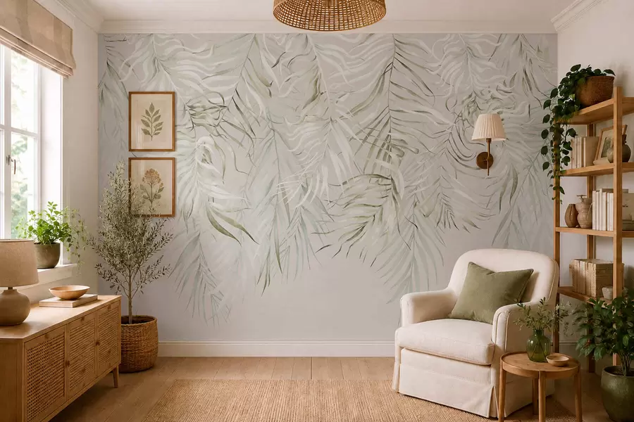wall murals Пастелно тропско лишће на светлој позадини w05627