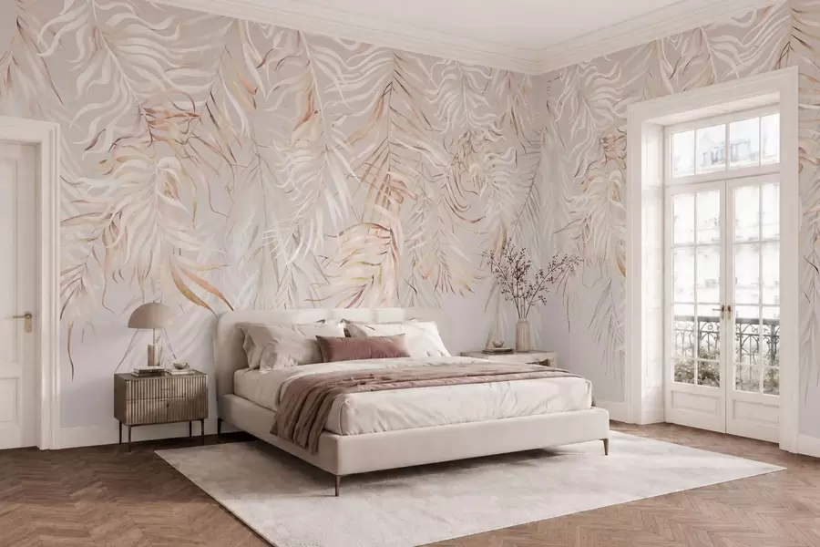 wall murals Светло тропско лишће на беж позадини w05627v2