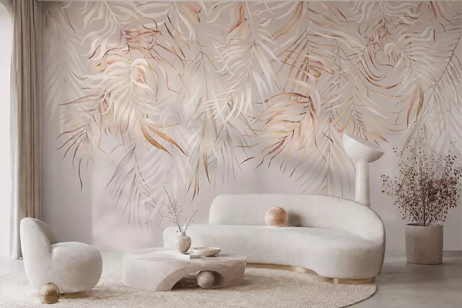 wall murals Светло тропско лишће на беж позадини w05627v2