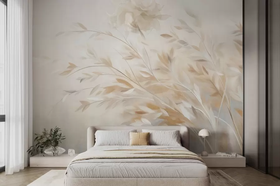 wall murals Текстуриране стабљике траве са лишћем, које се нежно њишу на мекој, пригушеној позадини w09752