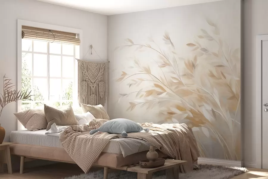 wall murals Текстуриране стабљике траве са лишћем, које се нежно њишу на мекој, пригушеној позадини w09752