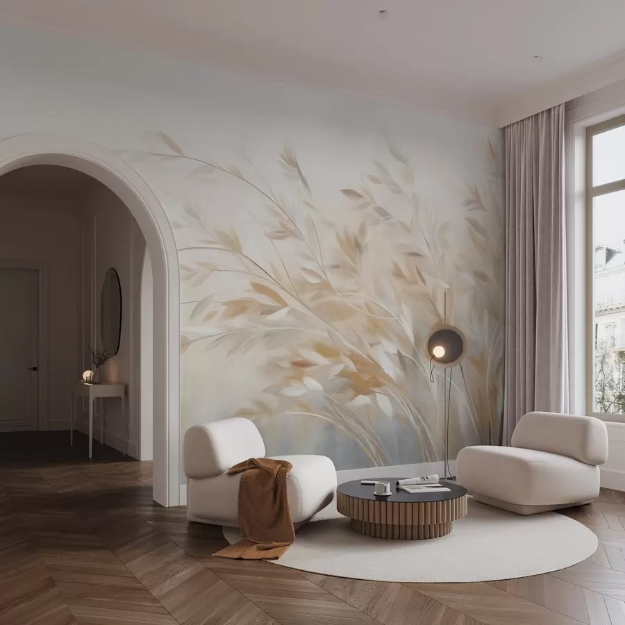 wall murals Текстуриране стабљике траве са лишћем, које се нежно њишу на мекој, пригушеној позадини w09752