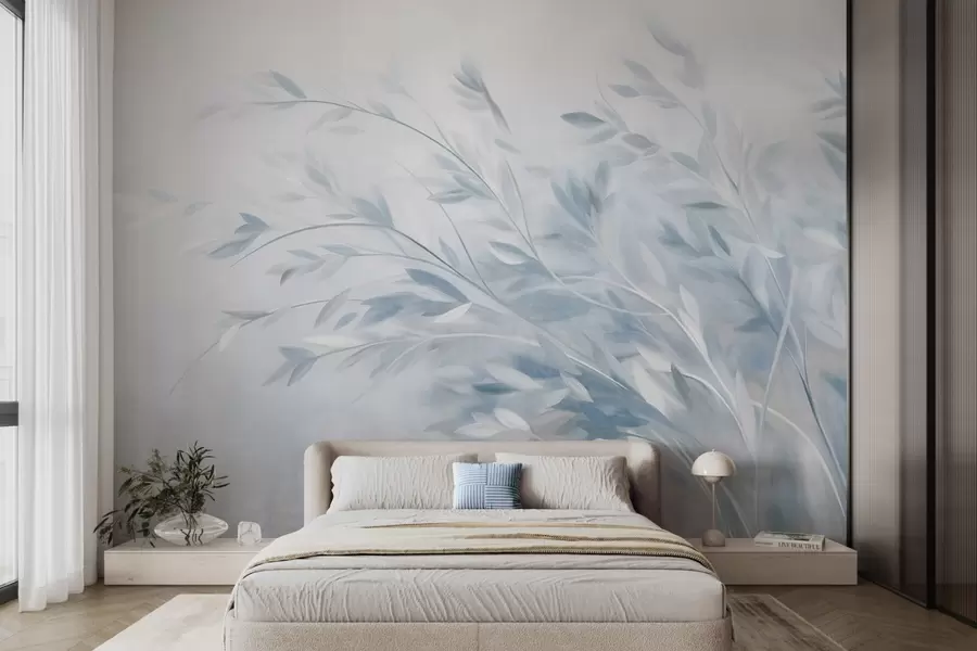 wall murals Текстуриране стабљике траве са лишћем, које се нежно њишу на мекој, пригушеној позадини w09752v1