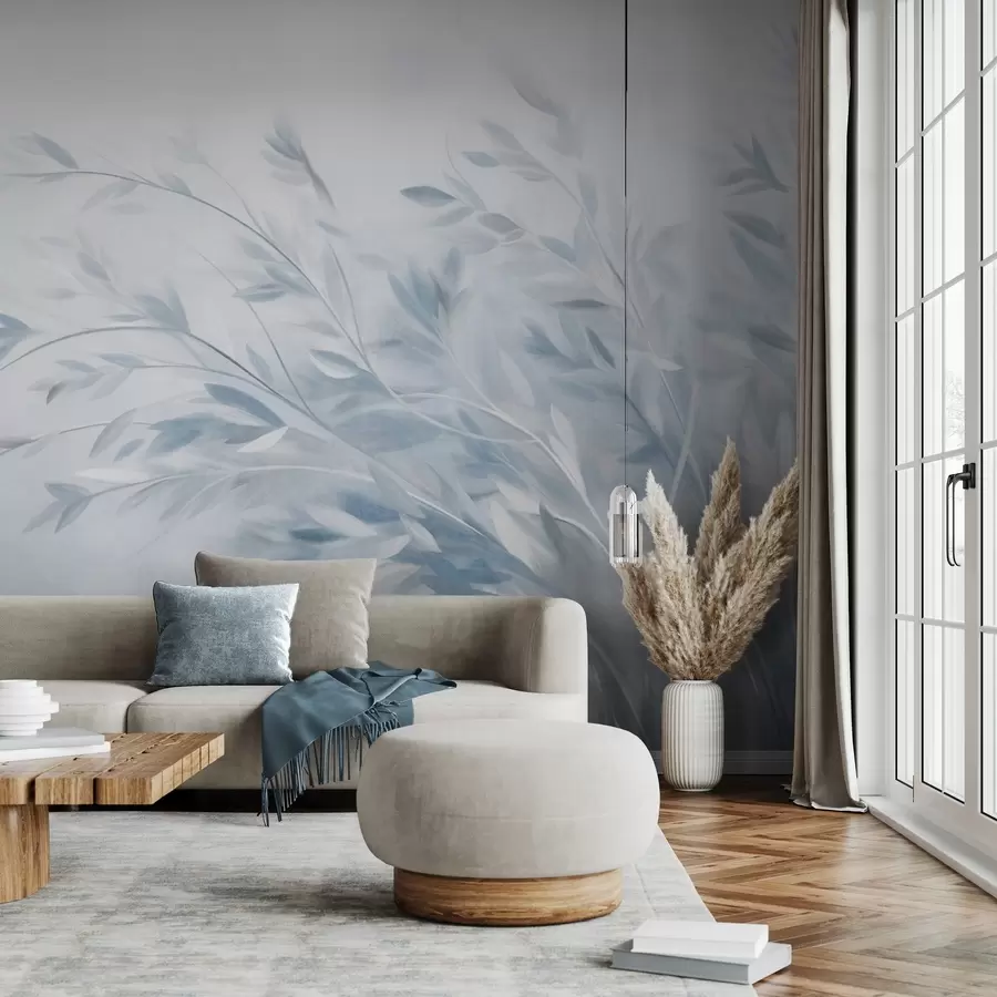 wall murals Текстуриране стабљике траве са лишћем, које се нежно њишу на мекој, пригушеној позадини w09752v1