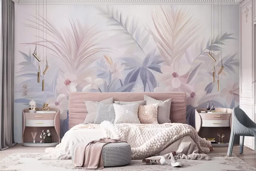 wall murals Тропско цвеће и палмино лишће у пригушеним нијансама плаве и ружичасте, стил сликања w09832