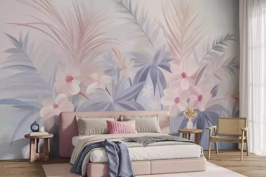 wall murals Тропско цвеће и палмино лишће у пригушеним нијансама плаве и ружичасте, стил сликања w09832